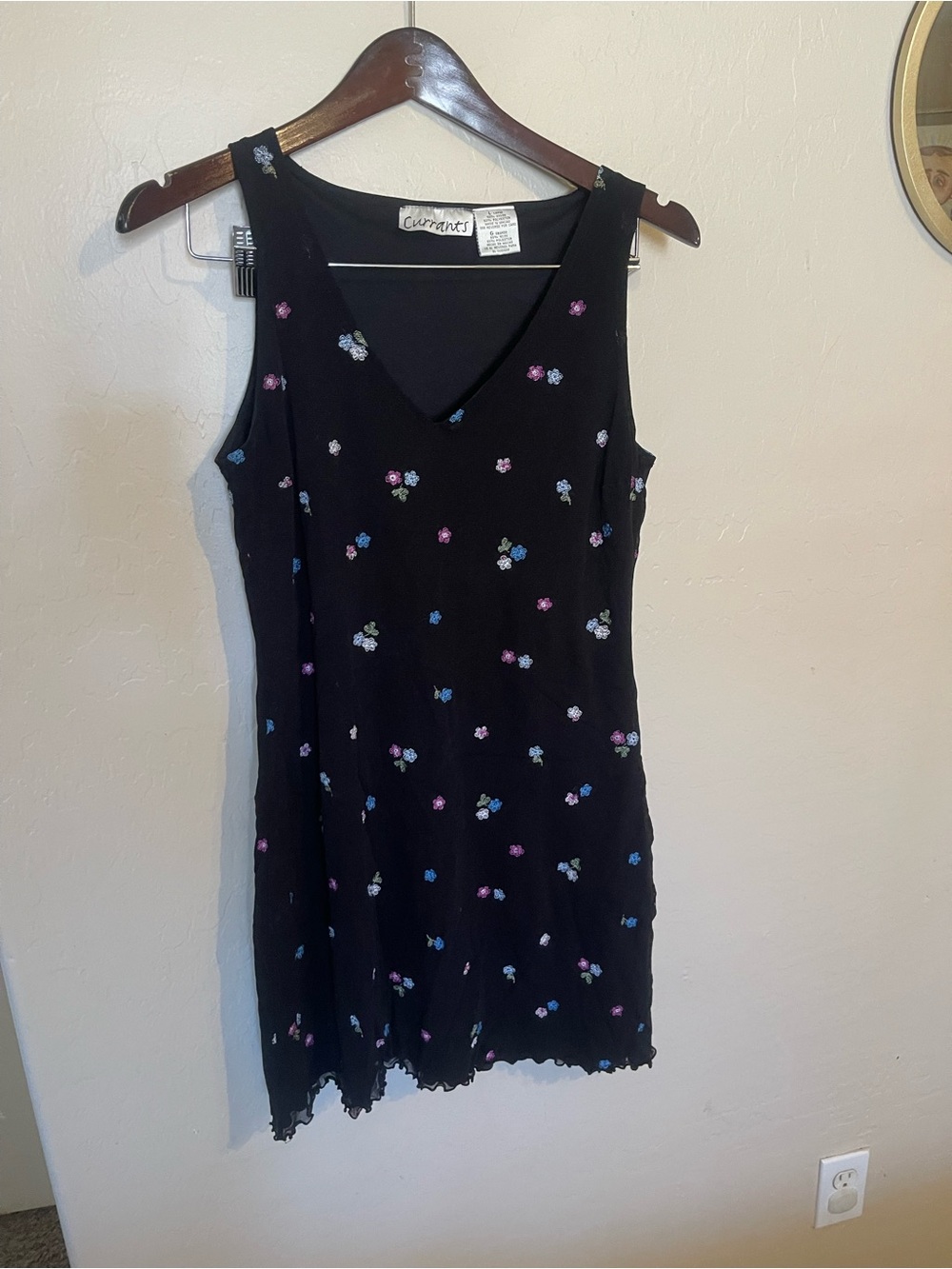 Vintage Black Mini Dress with Pink, Blue and White Floral Embroidery